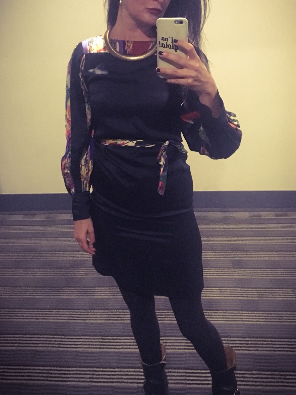 Dries Van Noten Black silk dress with geometric details and belt